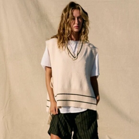 Free People - All Star Stripe Poncho - OS - White/Olive - Picture 1 of 7